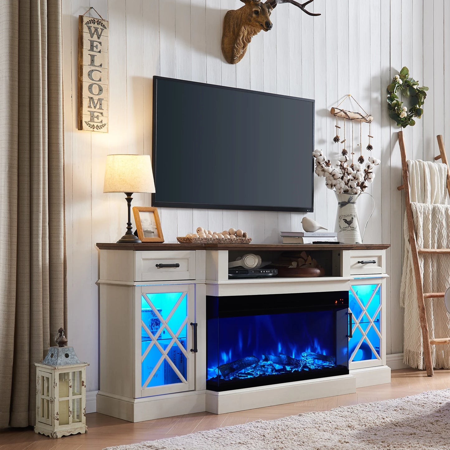 Farmhouse 3-Sided 70" Fireplace TV Stand for 80" Tvs, Entertainment Center with Electric Fireplace and Storage Drawers,Light Rustic Oak